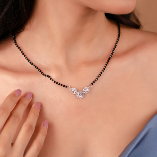 Silver Round Solitaire Mangalsutra Set