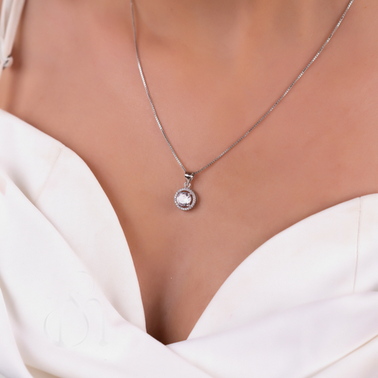 Silver Round Solitaire pendant with Link Chain and Earrings