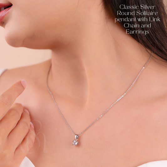 Classic 925 Silver Round Solitaire pendant with Link Chain and Earrings