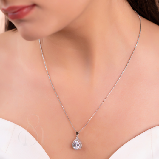 Silver Pear Solitaire pendant with Link Chain and Earrings