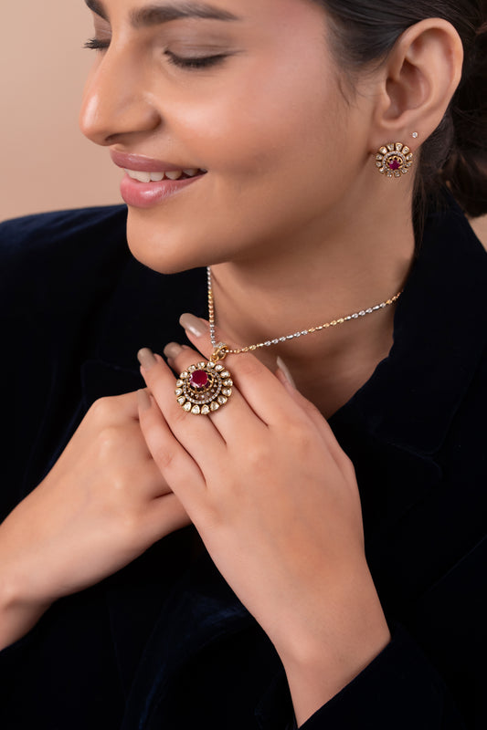 Gold Polish 92.5 Silver Polki Pendant Set with Chain