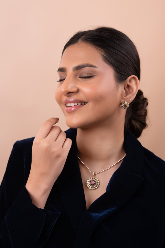 Gold Polish 92.5 Silver Polki Pendant Set with Chain